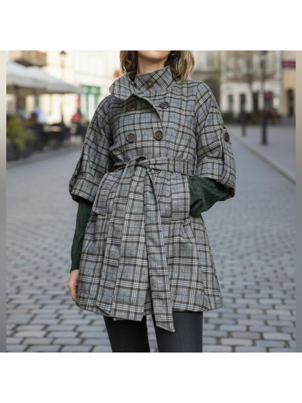 Y2K Hazel Plaid Double-Breasted Coat Women’s Small Boxy Sleeves Belted Mock Neck
